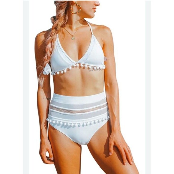 White High Waist Bikini Mesh Striped Two Piece Tassel Halter Swimsuit XL - Picture 1 of 7